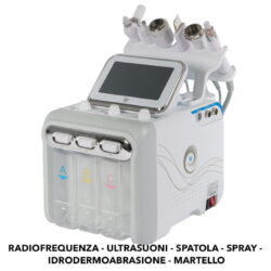 Gerät mit 6 Funktionen: bipolare Radiofrequenz, Ultraschall, Ultraschall-Peeling-Spatel, Spray, Hydrodermabrasion und Kalthammer.