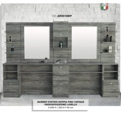 Vintage-Barbiersalon, Doppel-Barbierstation, komplett mit Spiegel, Stahlwaschbecken, Duschkopf und Mischbatterie