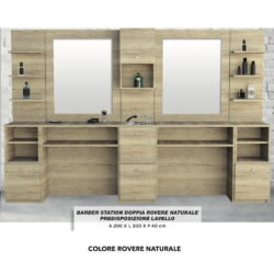 Vintage-Doppel-Barbierstation, Friseursalon, komplett mit Spiegel, Stahlwaschbecken, Duschkopf und Eichenmischbatterie
