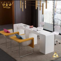 Maniküretisch mit zwei Stationen und Absaugung für Kosmetikstudios, weiß lackiertes Holz, 3 Schubladen, Regin Keopalia Ke131050