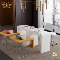 Maniküretisch mit zwei Stationen und Absaugung für Kosmetikstudios, weiß lackiertes Holz, 3 Schubladen, Regin Keopalia Ke131060