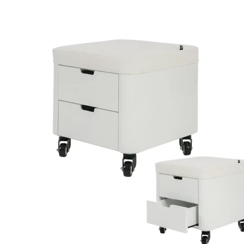 NIEDRIGER PEDIKÜREHOCKER MIT ROLLEN UND SCHUBLADEN