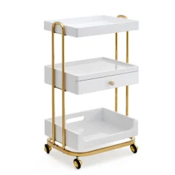 Kosmetikwagen aus weiß und gold lackiertem Holz – 4 Räder
