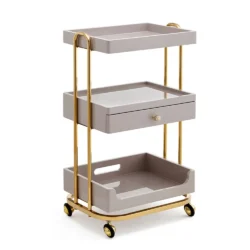 Kosmetikwagen aus taubengrau und gold lackiertem Holz - 4 Räder