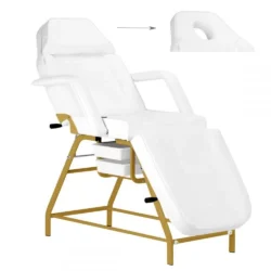 Weiß-goldenes Bett mit Schubladen – Stuhl, der zum Bett für Kosmetikerin wird Schönheitszentrum Massagebett
