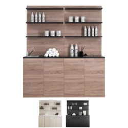 Serviceeinheit mit Spüle und Mischbatterie in schwarzem oder braunem Laminat und Schwarz & Eiche